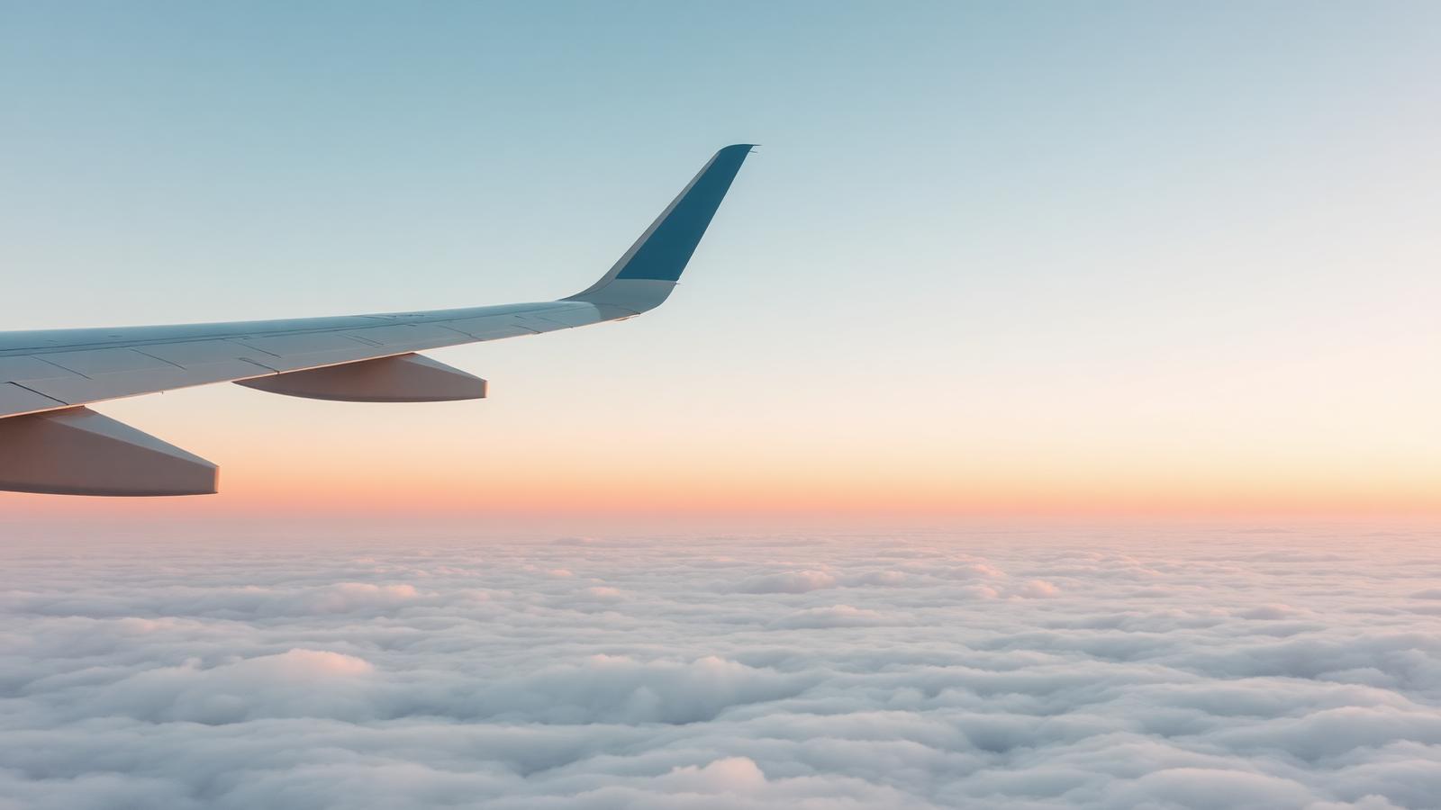 Airplane wing above clouds at sunrise